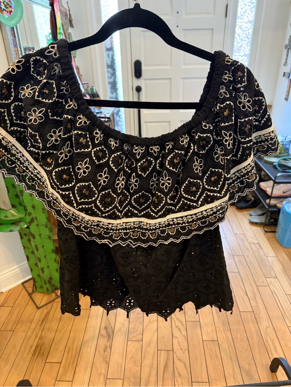 Anthro Off-Shoulder Black Embroidered Ruffle Top - Picture 2 of 5